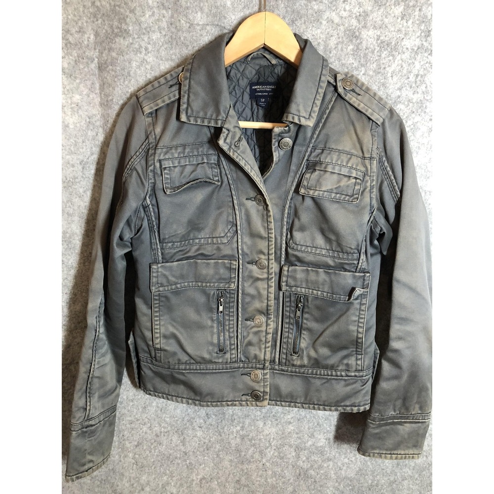 American‎ Eagle Outfitters Jacket Womens Small Gray Military Twill Quilted Zip